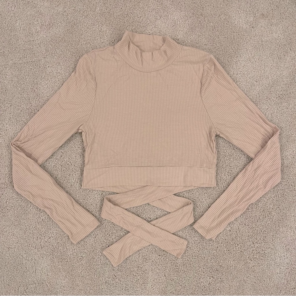 PacSun XS Ribbed Crop Sweater Mock Turtleneck tie back long sleeve cream beige